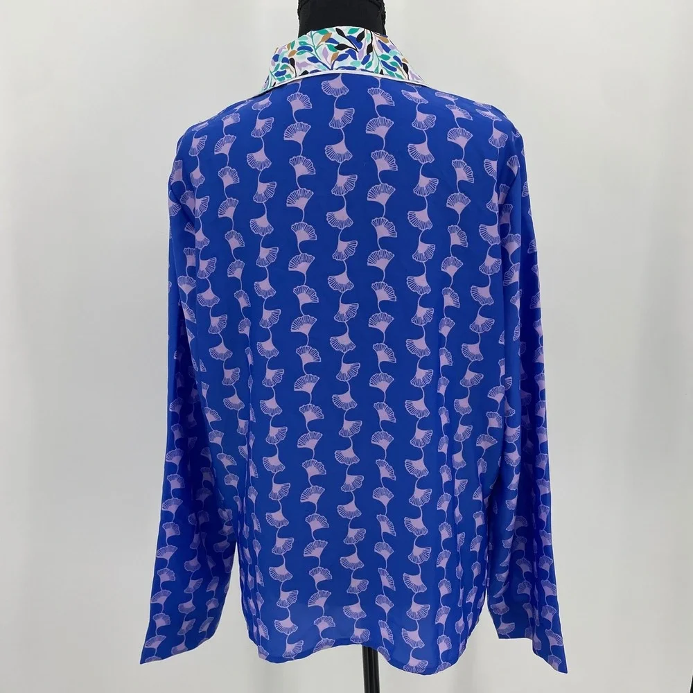 Lilly Pulitzer Winona PJ Top M Ginkgo Party Blue Purple Silky Satin Pajama Shirt